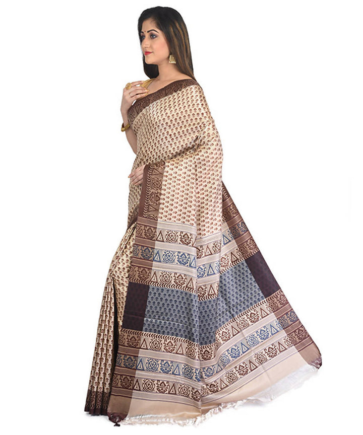 Beige hand block printed eri silk saree