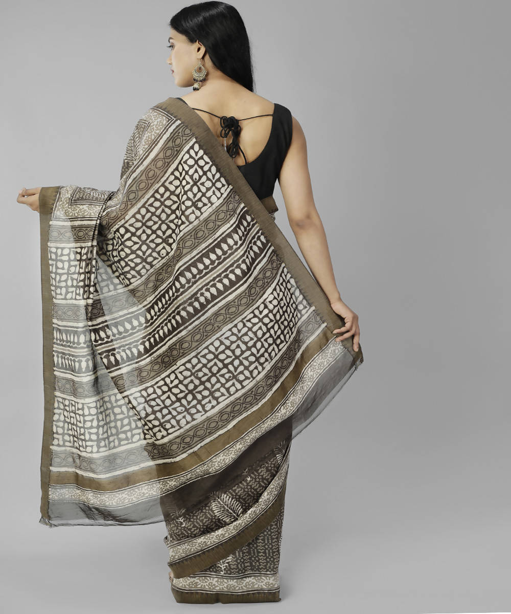 Dark brown bagru handblock print cotton silk saree
