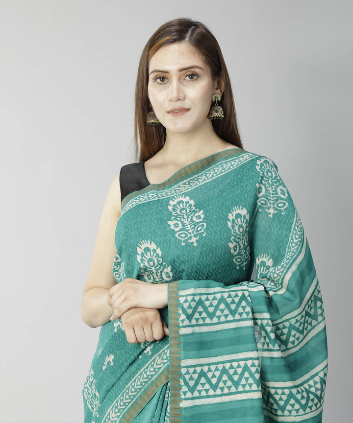 Cyan green bagru handblock printed cotton silk saree