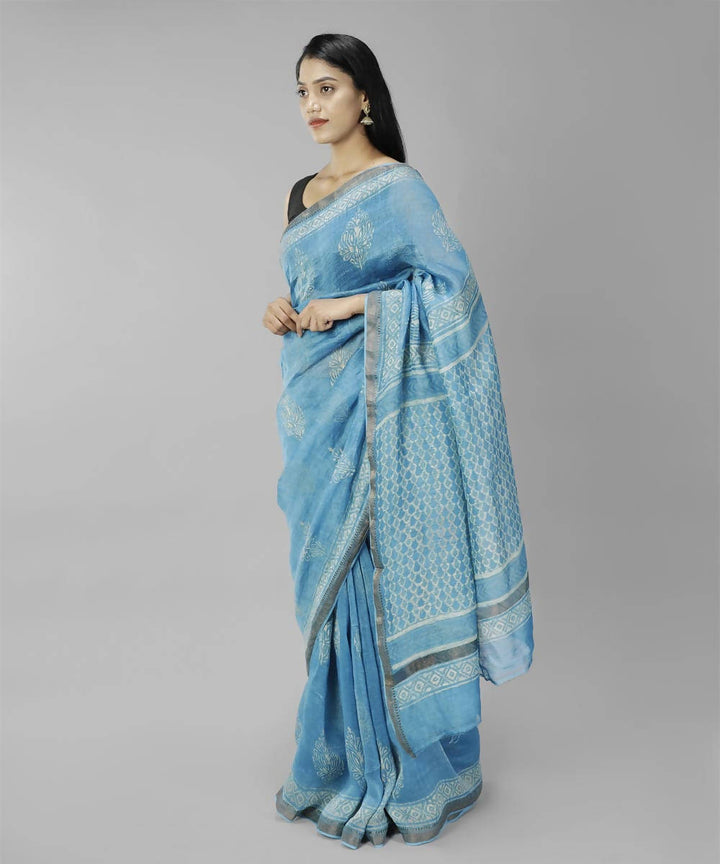 Deep sky blue bagru handblock printed linen saree