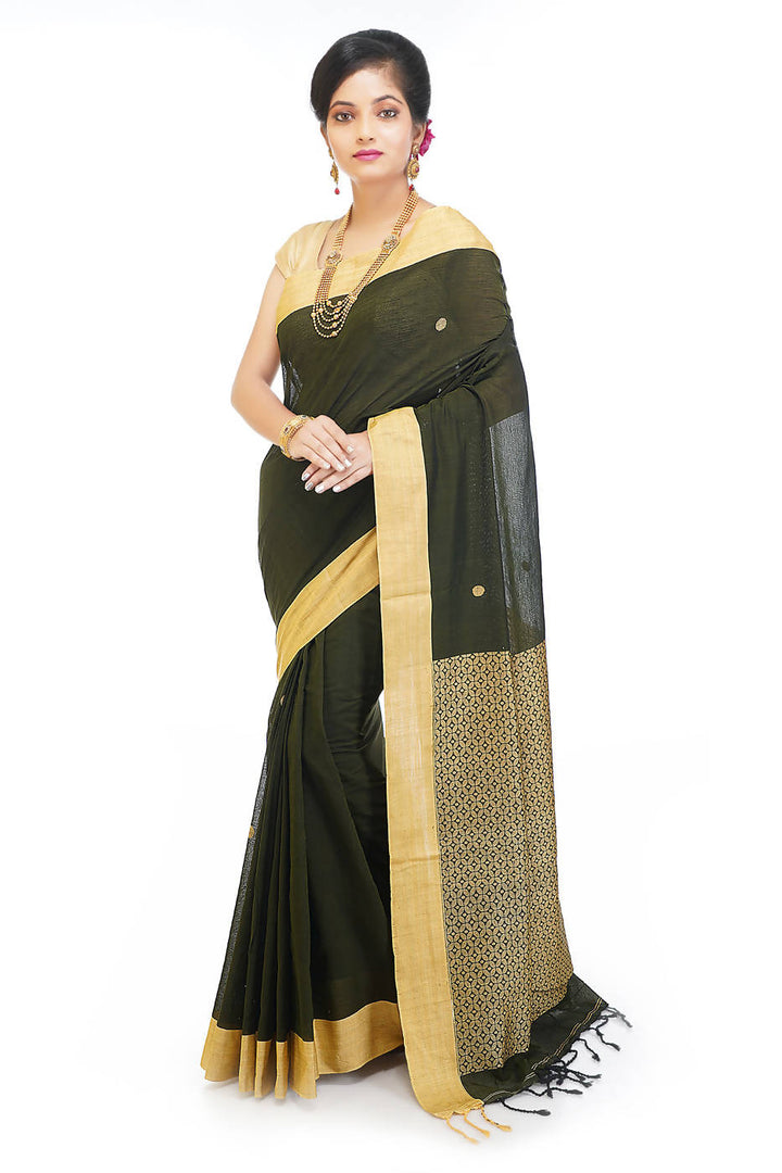 Handloom bengal black and beige cotton saree