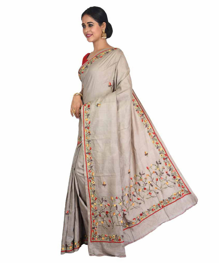 Grey bengal hand embroidery tussar silk saree