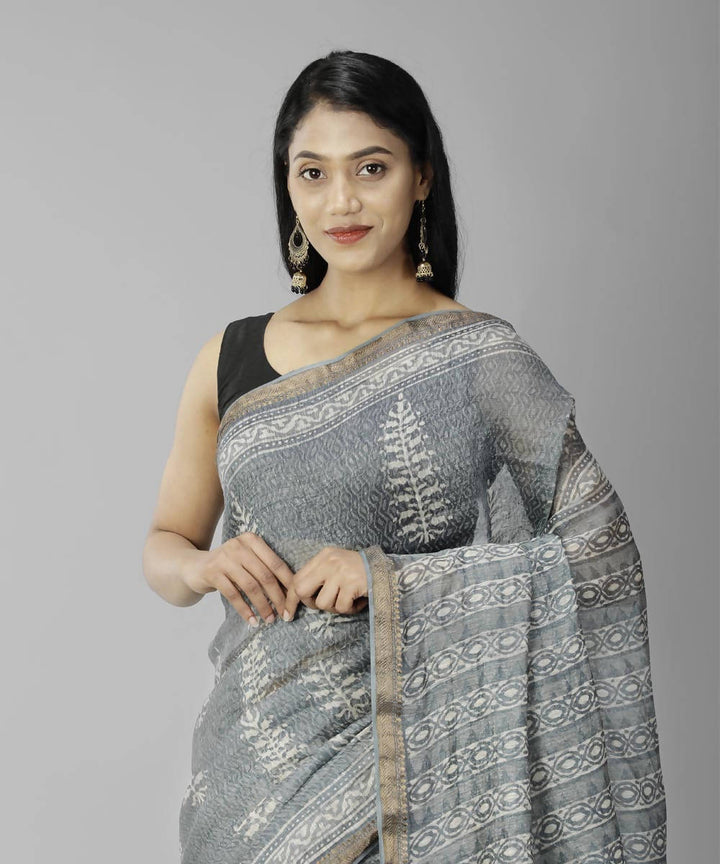 Light grey bagru handblock printed linen saree