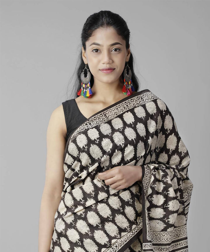 Black bagru handblock printed cotton saree