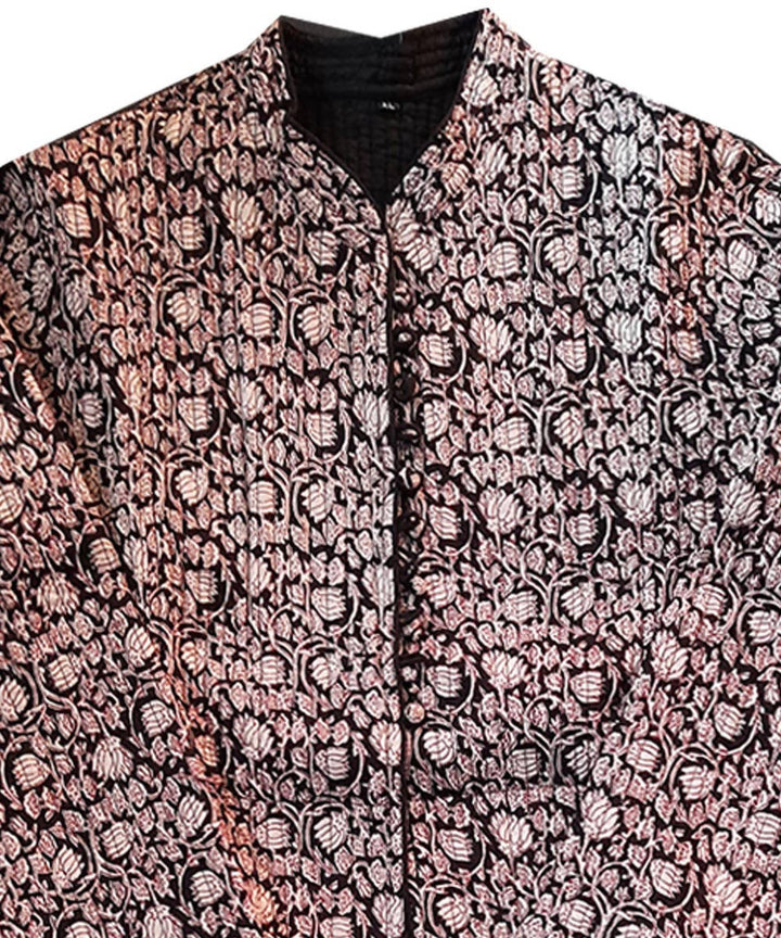 Rust black handblock printed cotton quilted long jacket