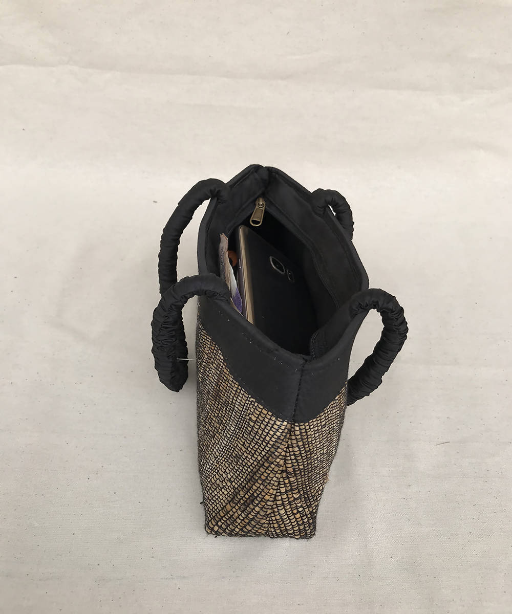 Handmade black with panel banana fibre bag