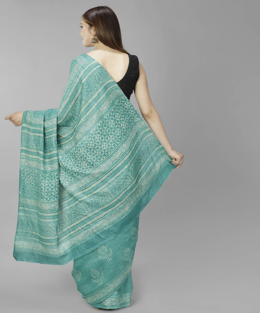 Dark turquoise bagru handblock printed tussar silk saree