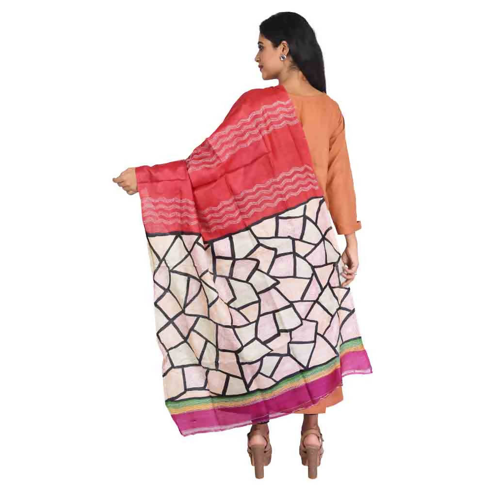 Red kantha stitch hand embroidery handloom silk dupatta