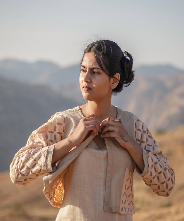 Beige cutwork handcrafted cotton crop jacket