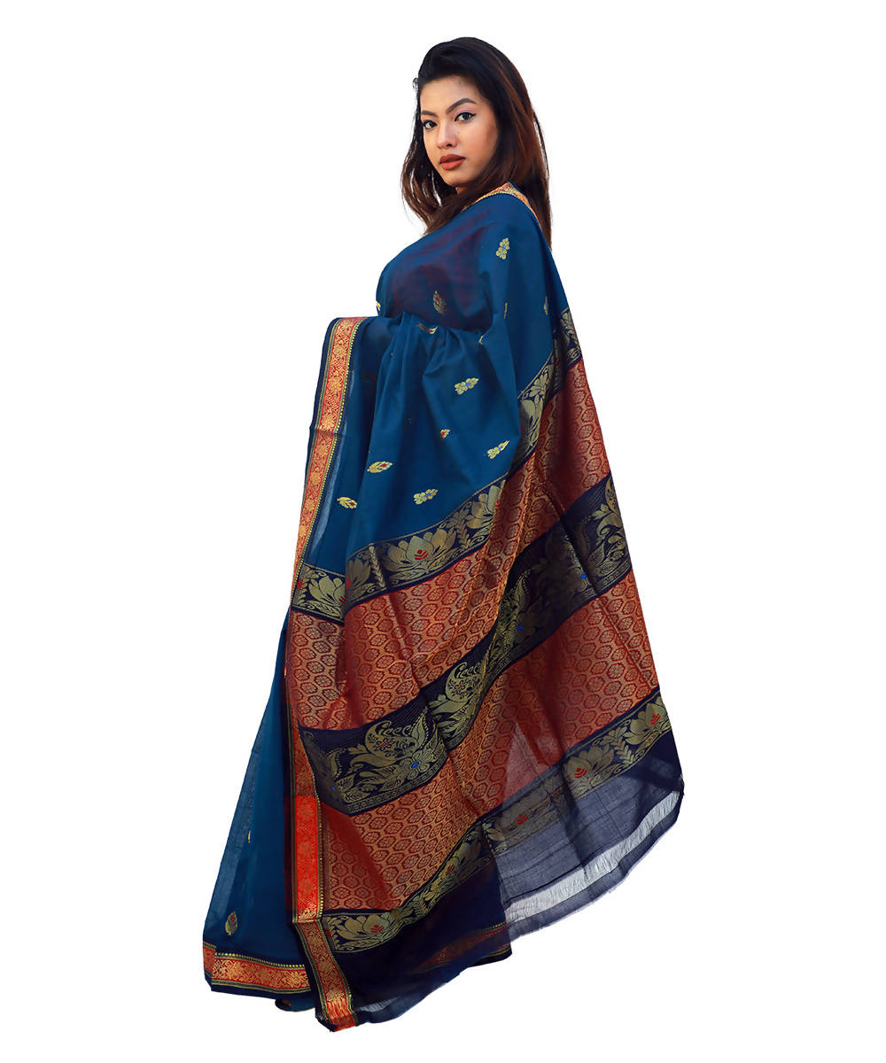 Peacock blue colour bandar handloom cotton butta saree