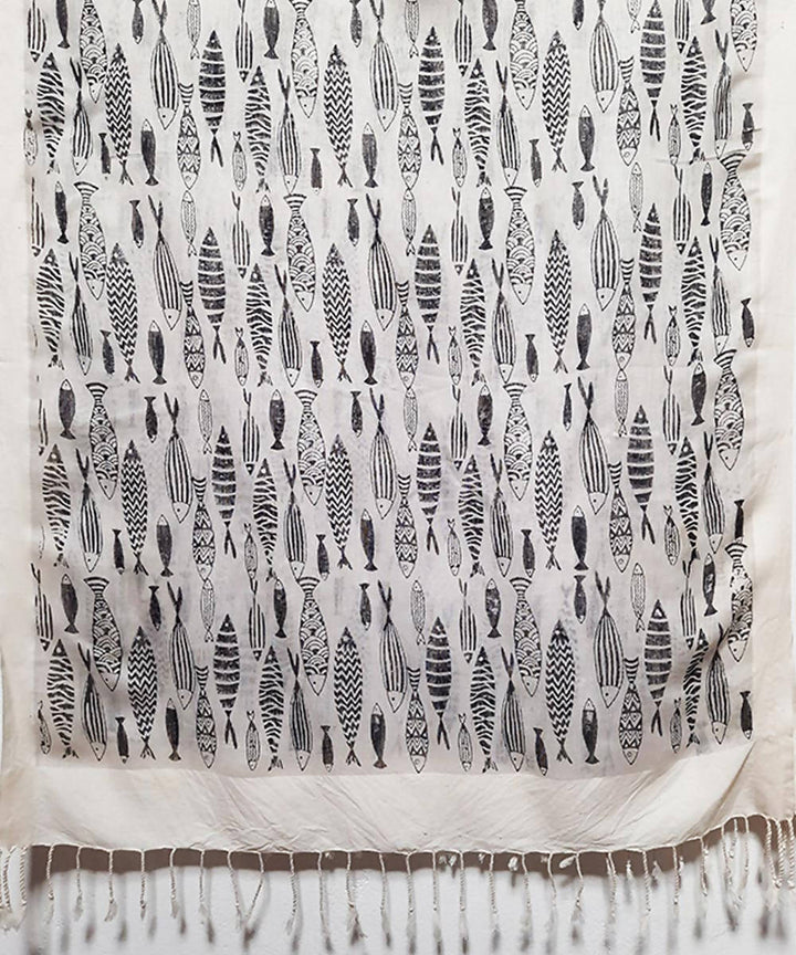 Offwhite fish motif handblock printed sico stole