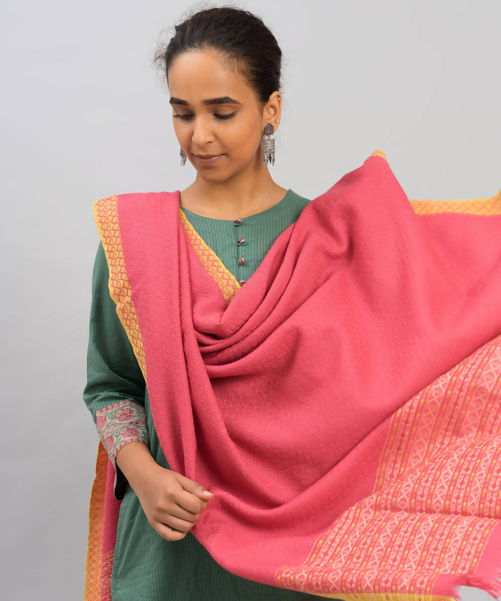 Pink yellow handwoven panchachuli wool lambswool shawl