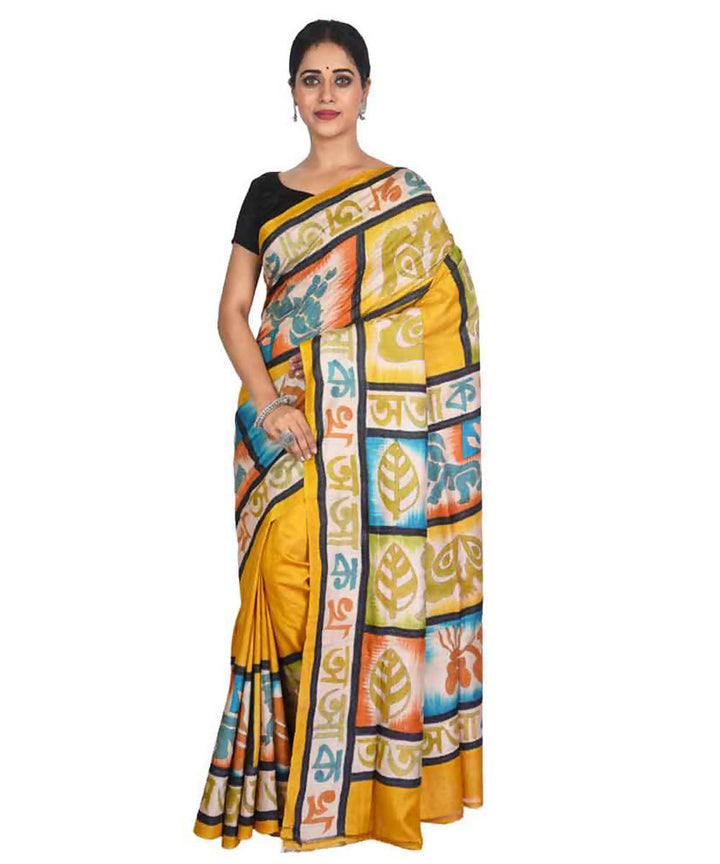 Yellow bengal hand embroidered tussar silk saree