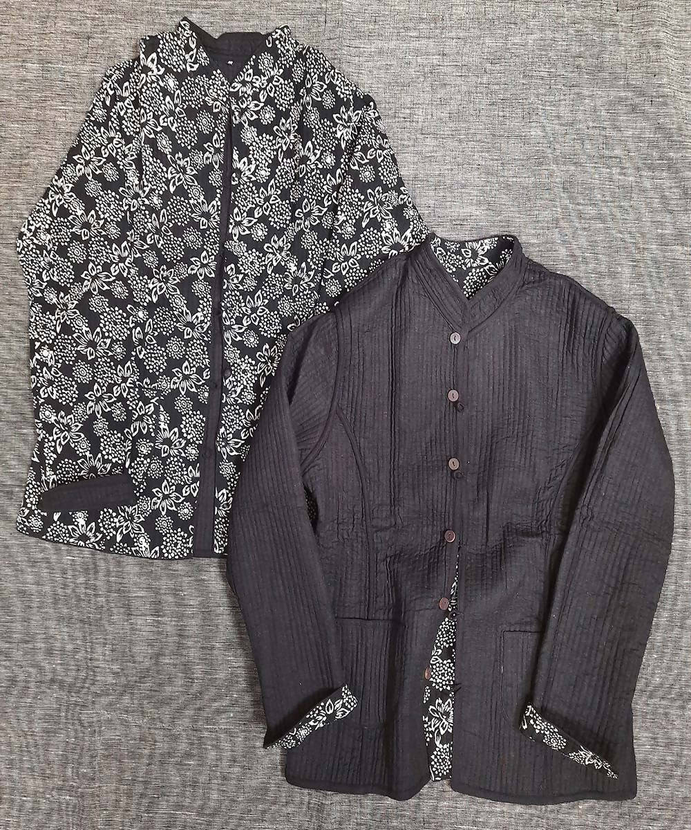 Grey and black block print reversible jacket with cotton quilting