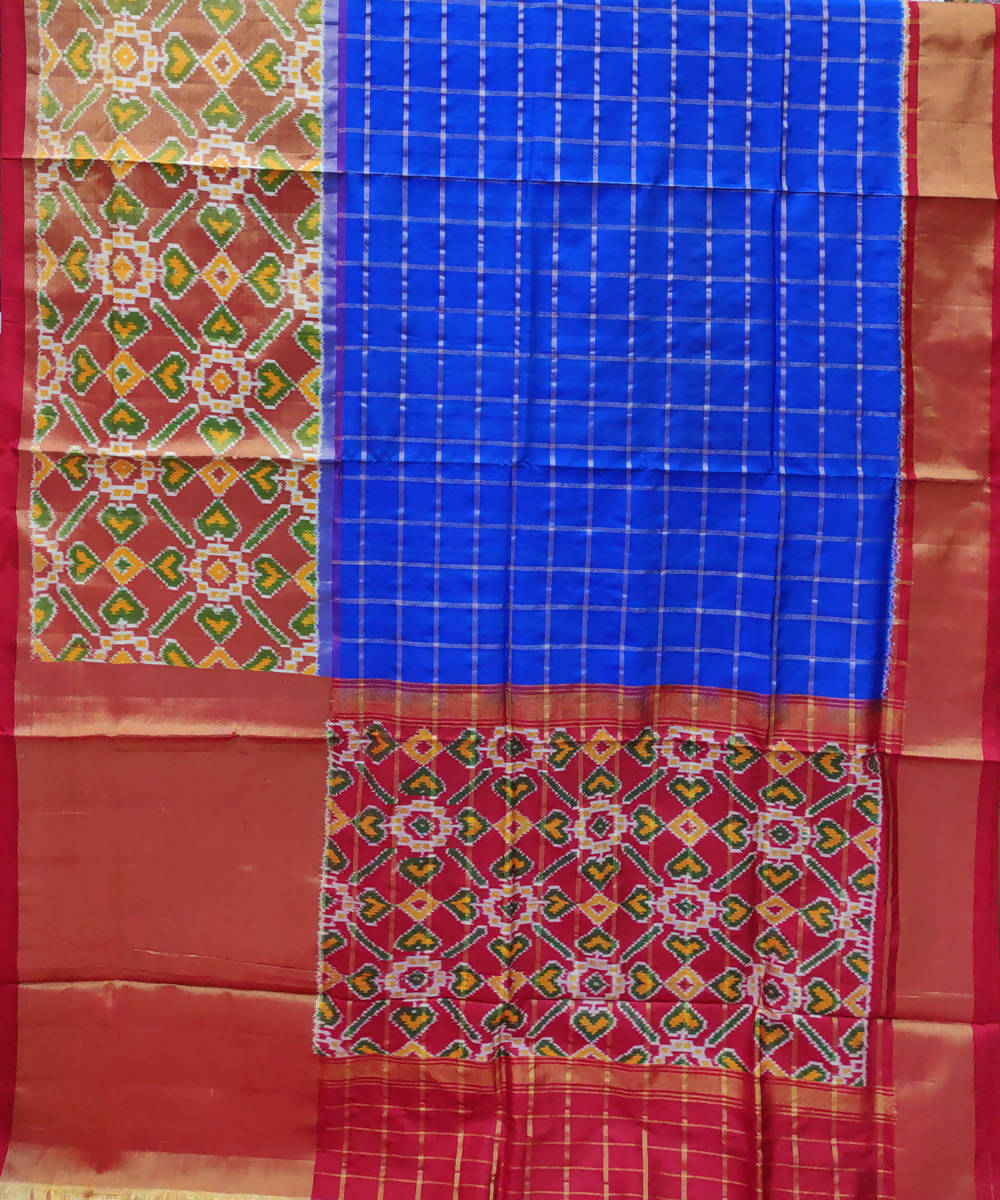 Blue red checks handwoven ikkat silk pochampally saree