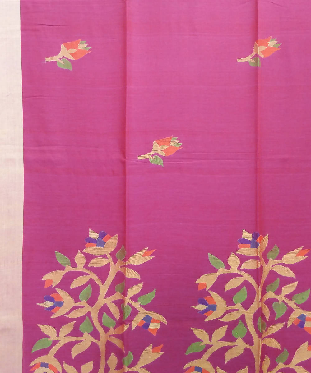 Pink Handloom Mulmul Cotton Jamdani Bengal Saree