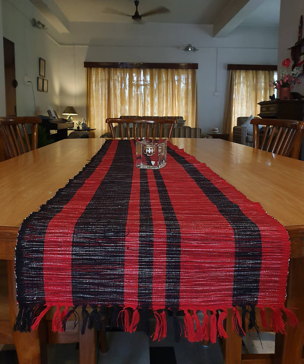 Maroon black striped handloom cotton table runner