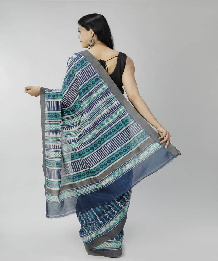 Cyan blue bagru handblock printed cotton silk saree