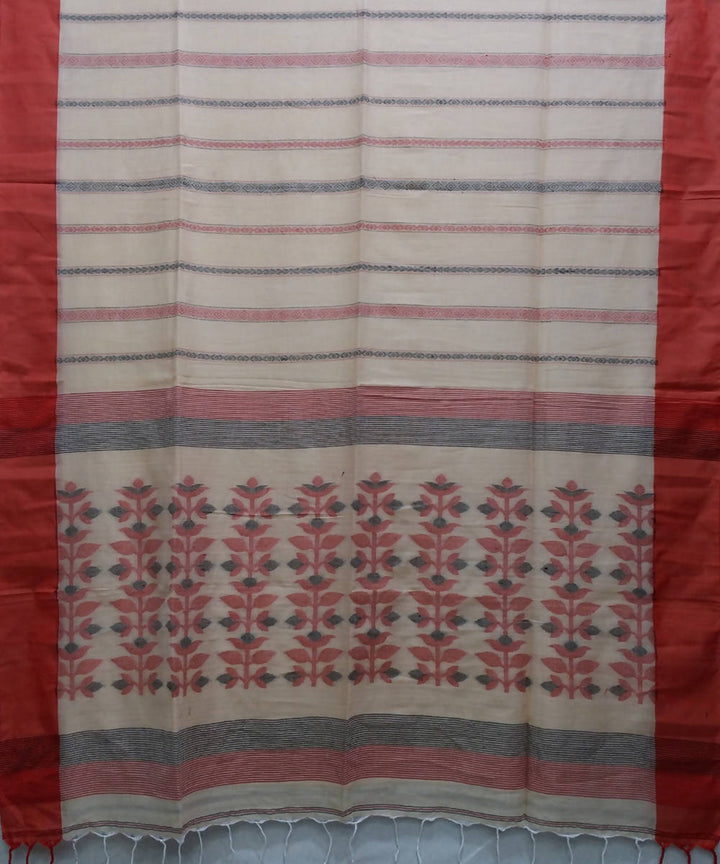 Cream and red handwoven cotton bengal saree