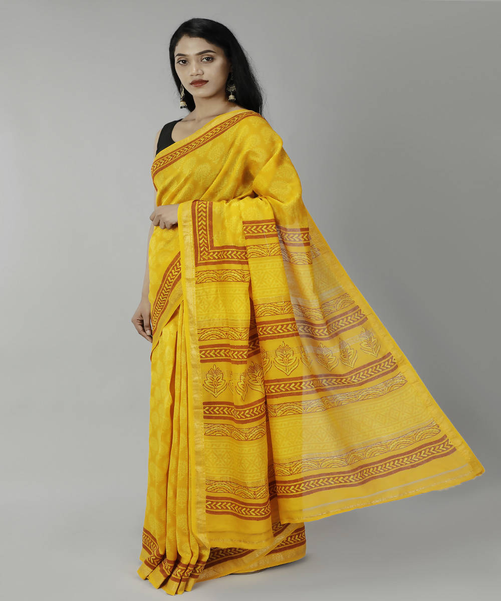 Sun yellow bagru handblock printed cotton silk saree