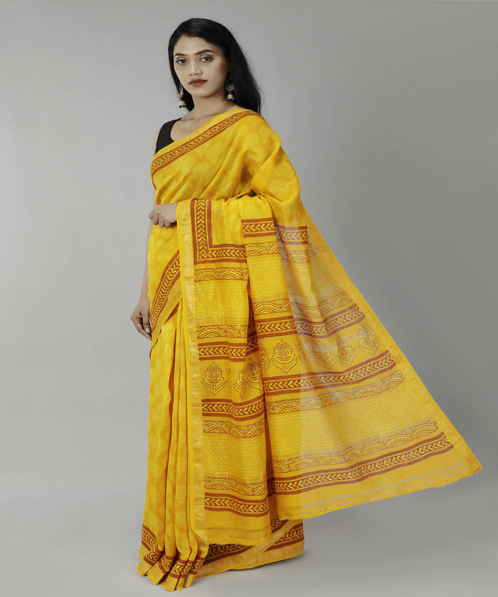 Sun yellow bagru handblock printed cotton silk saree