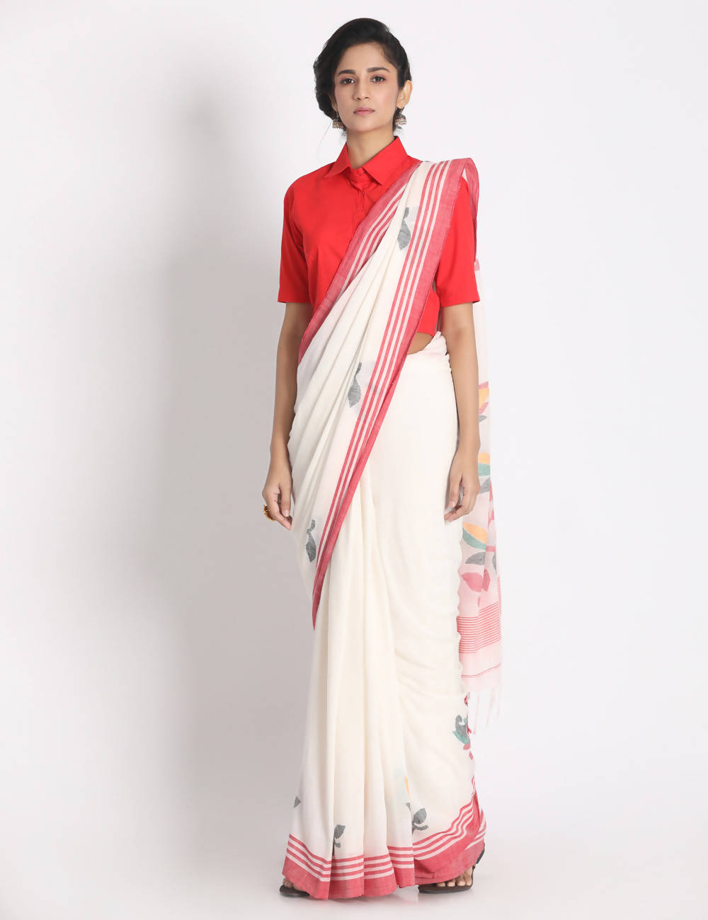 White handspun handwoven cotton saree