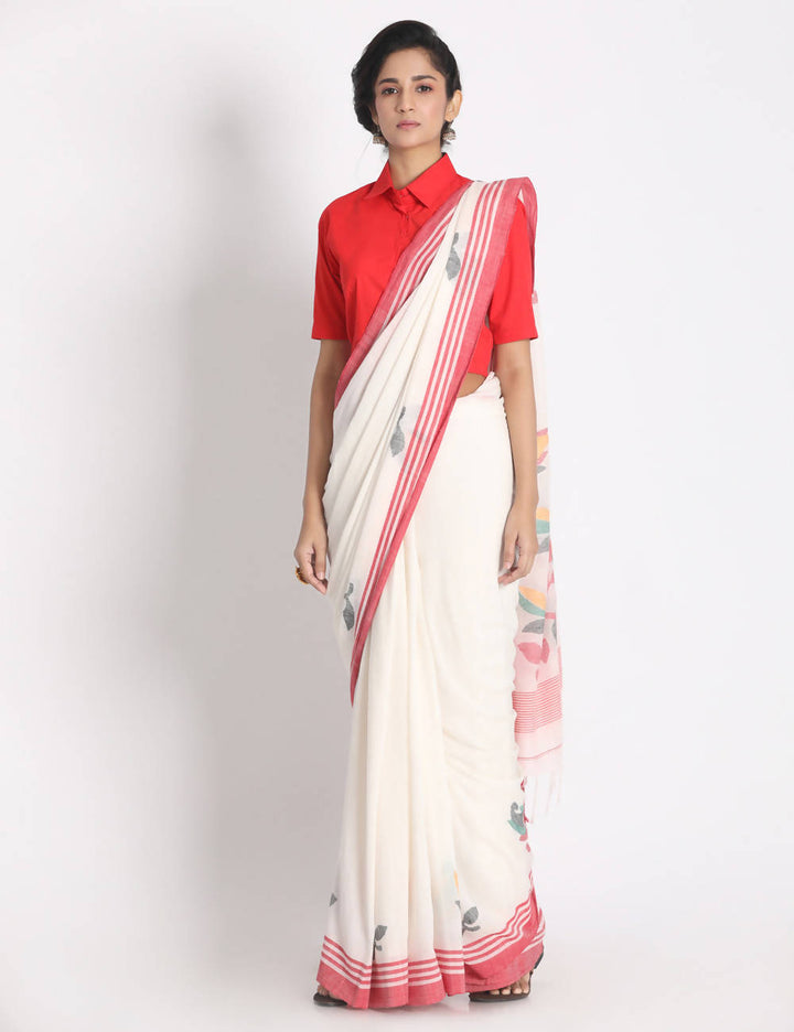White handspun handwoven cotton saree