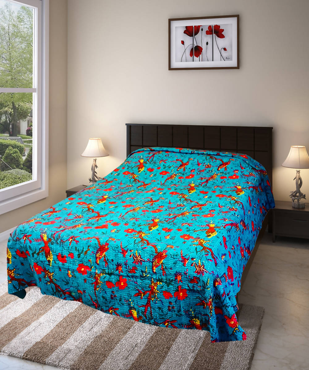 Turquoise kantha work double layered cotton bedcover (Double Bed)