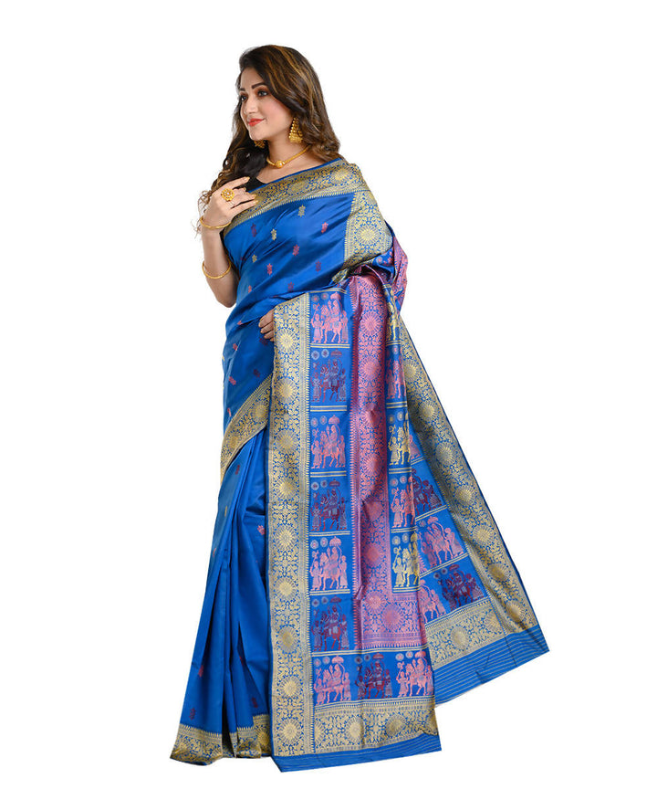 Dark blue handwoven baluchari mulberry silk saree