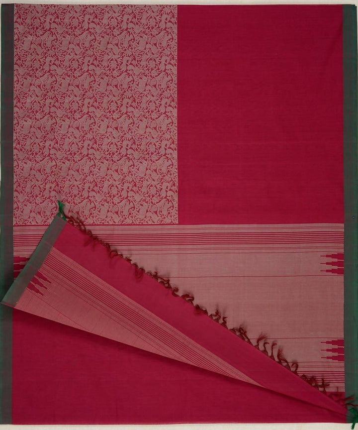 Dark red handloom kanchi cotton saree vanasingaram half n half weaving