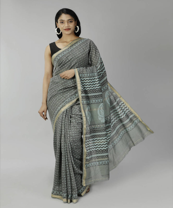 Dark grey bagru handblock printed cotton silk saree