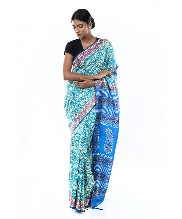 Light green blue hand block print bengal silk saree