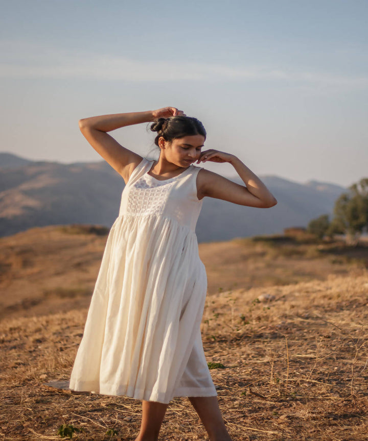 Cream white flaired cutwork kediya kora handcrafted cotton dress