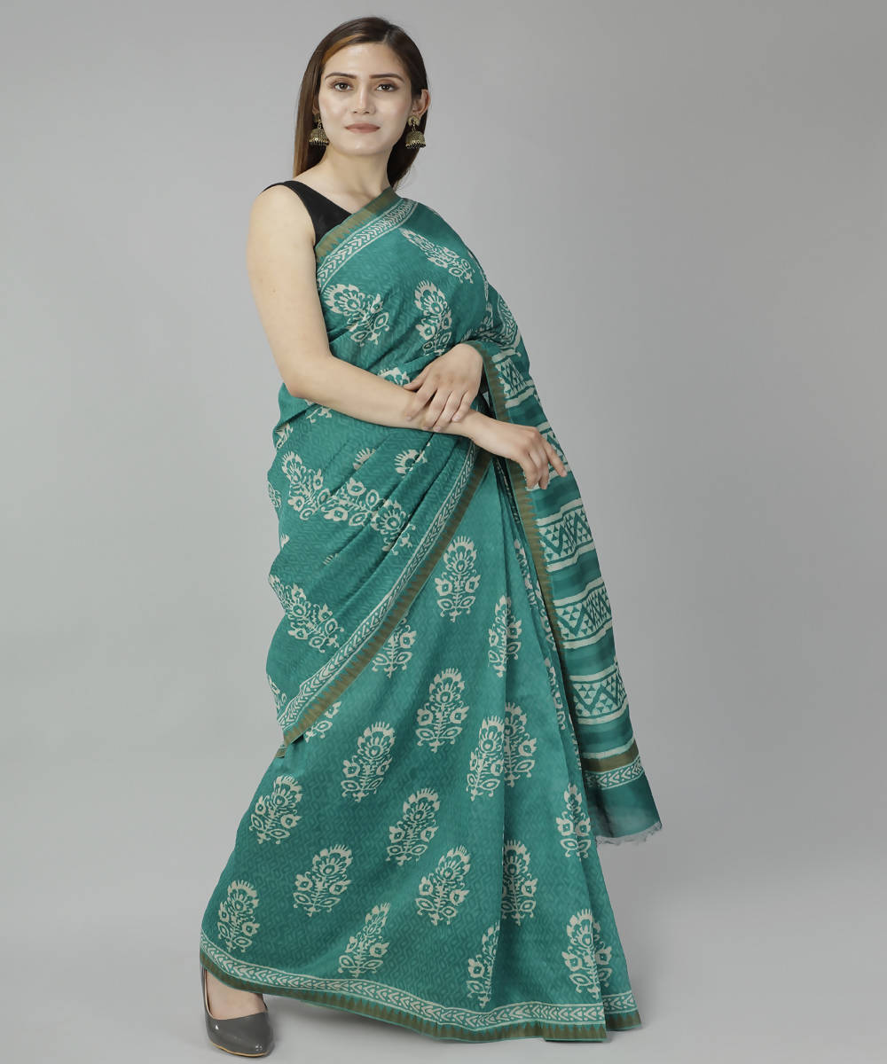 Cyan green bagru handblock printed cotton silk saree