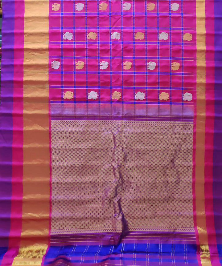 pink blue checks Handwoven Gadwal Butta Work Silk Saree