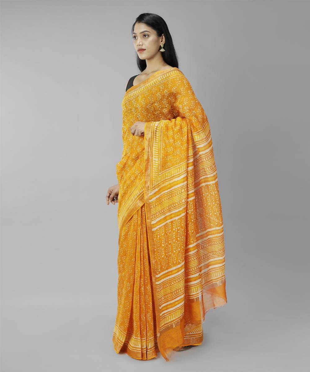 Yellow bagru handblock printed linen saree
