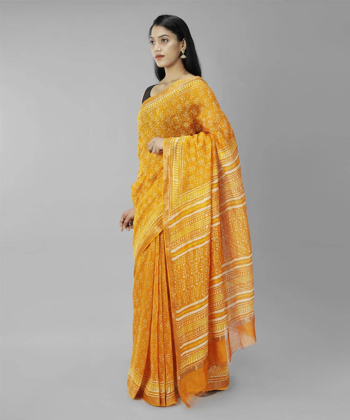 Yellow bagru handblock printed linen saree