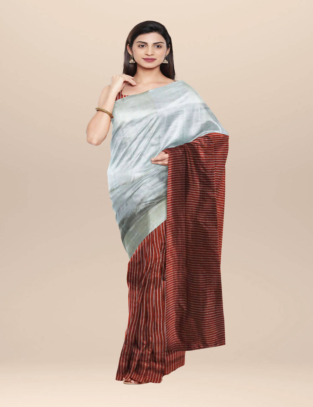 Grey and maroon handwoven half and half striped silk saree