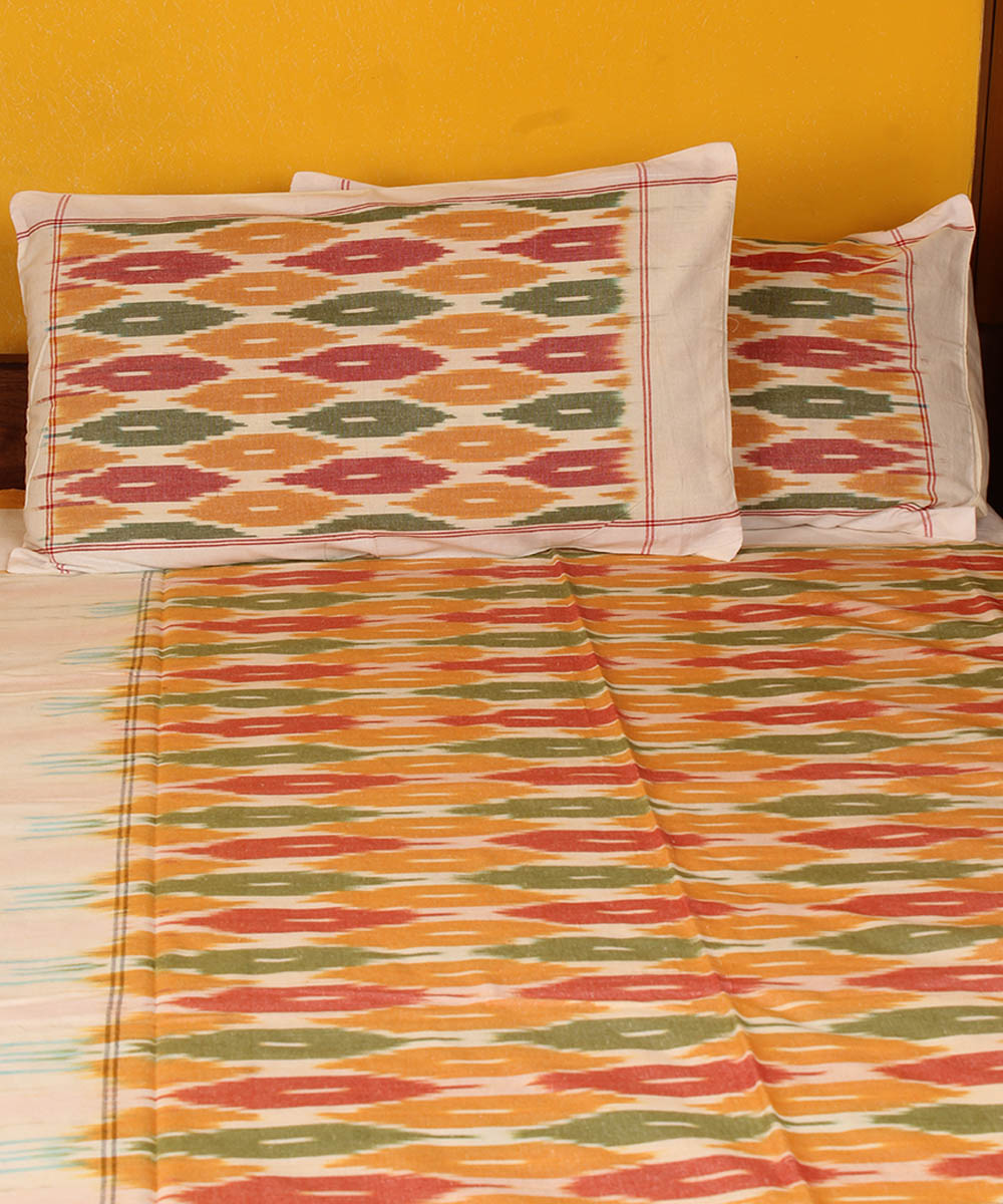 Pale orange cotton handwoven pochampally ikat bedsheet