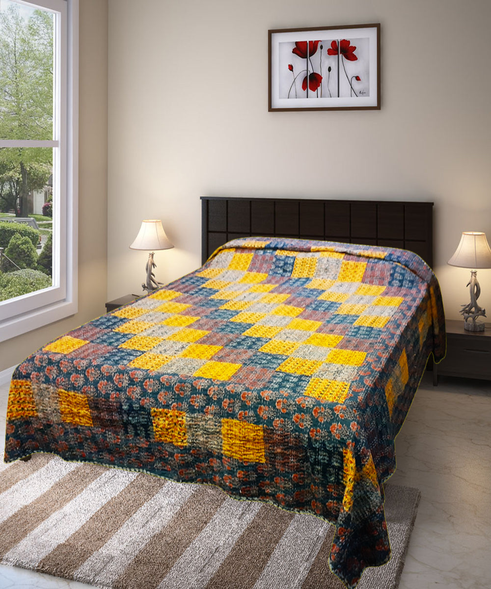 Cotton patchwork double layered kantha stitch handmade bedcover