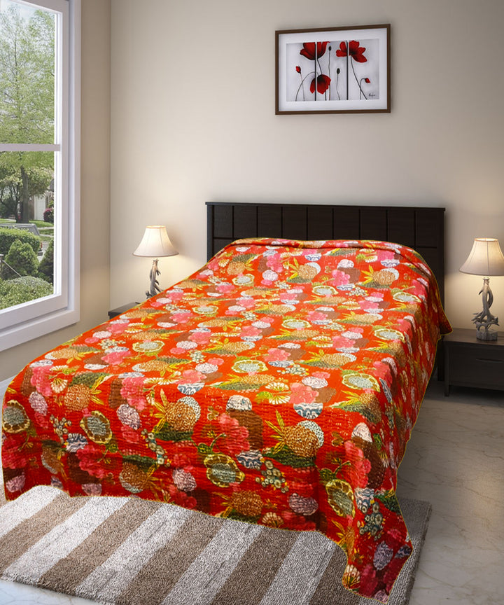 Magenta kantha work double layered cotton double bedcover/quilt