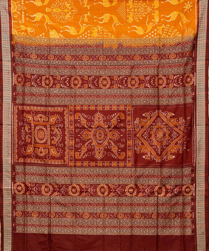 Amber yellow maroon ikat silk handloom sambalpuri saree