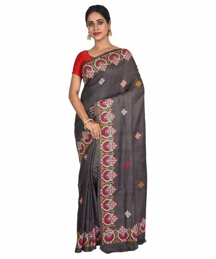 Black bengal hand embroidery tussar silk saree