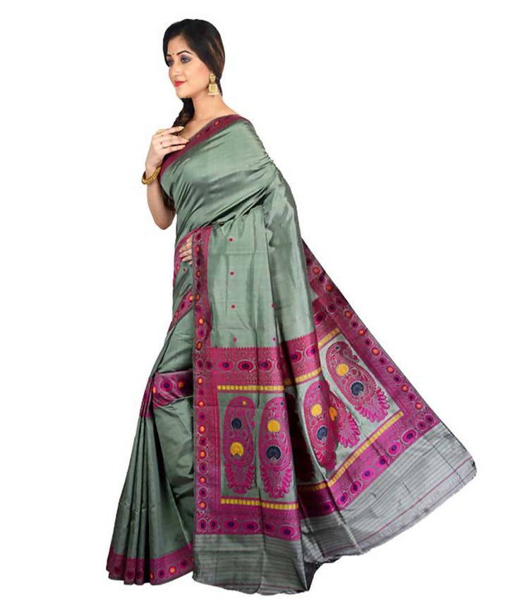 Grey green handwoven baluchari silk saree