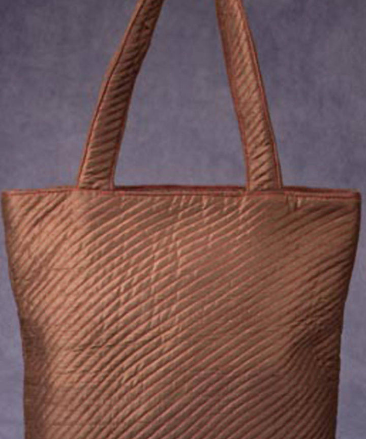 Brown hand made silk tote bag with leather and handle