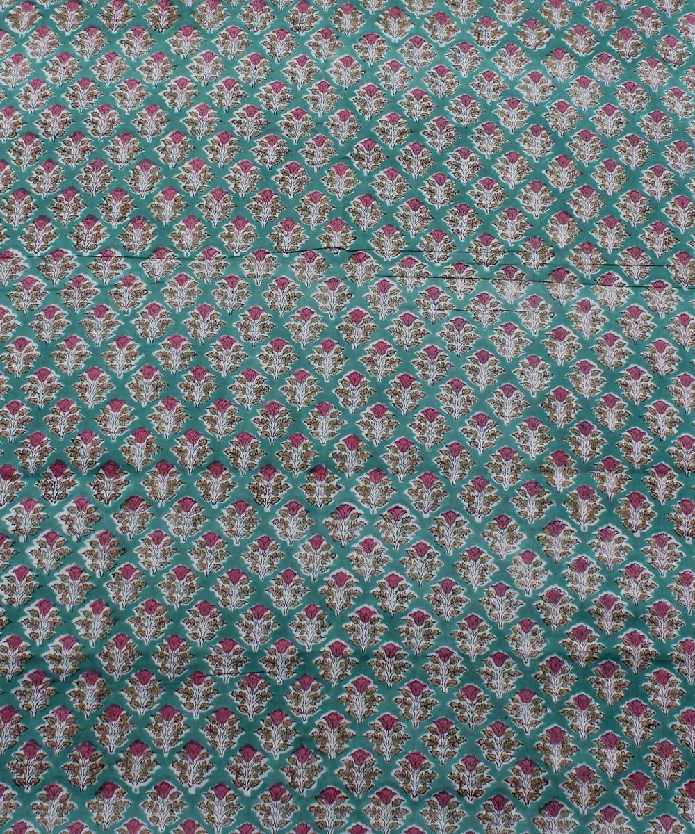 Green Floral Handblock Print Cotton Fabric