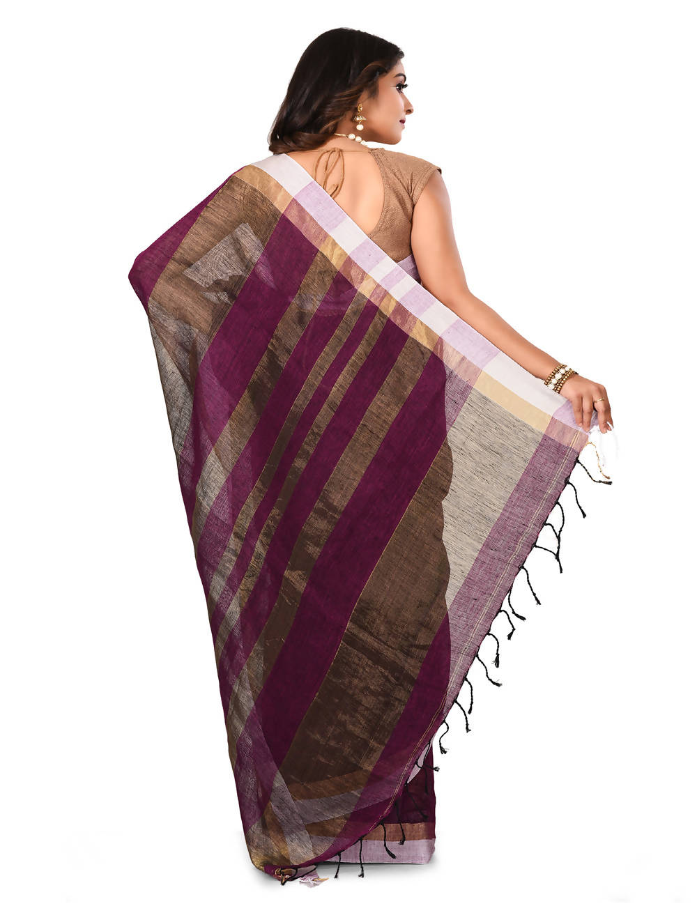 Dark purple Bengal zari Handloom cotton linen saree