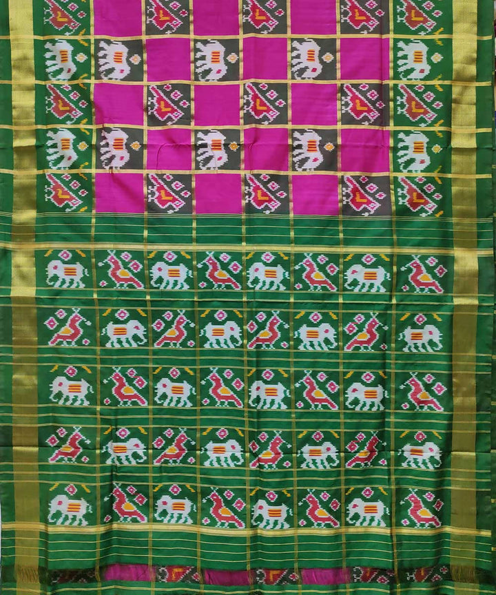 Pink with green checks handwoven ikkat silk pochampally saree