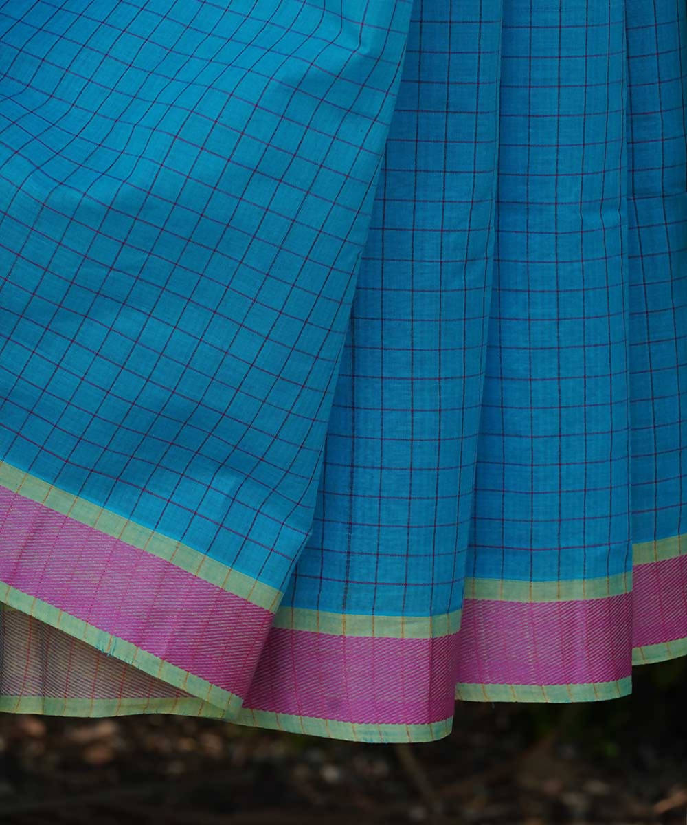 Sky Blue and green Cotton Handwoven mangalagiri saree
