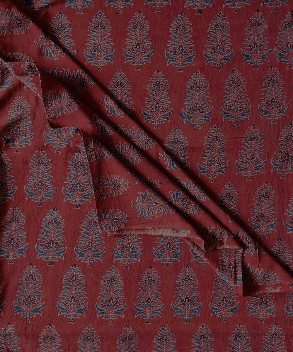 2.5m Red blue natural dye handspun handwoven cotton ajrakh print kurta fabric